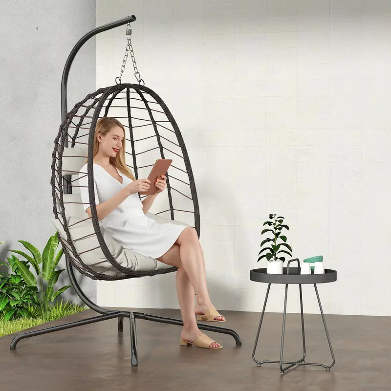 Rattan Egg Chair with Stand 350lbs | Handwoven Cushioned Swing Indoor Outdoor