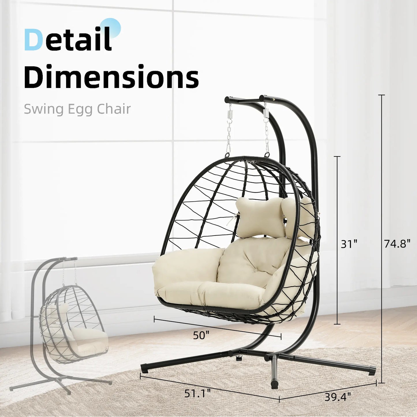 Double Egg Chair 700lbs | Foldable PE Wicker Patio Swing