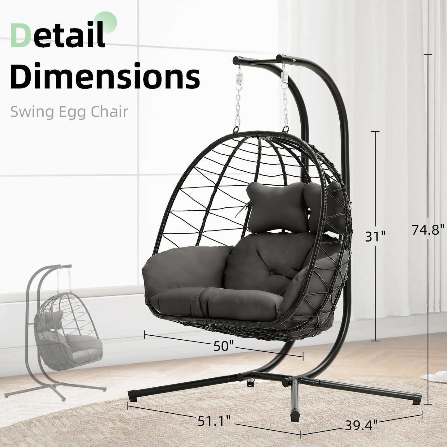 Double Egg Chair 700lbs | Foldable PE Wicker Patio Swing