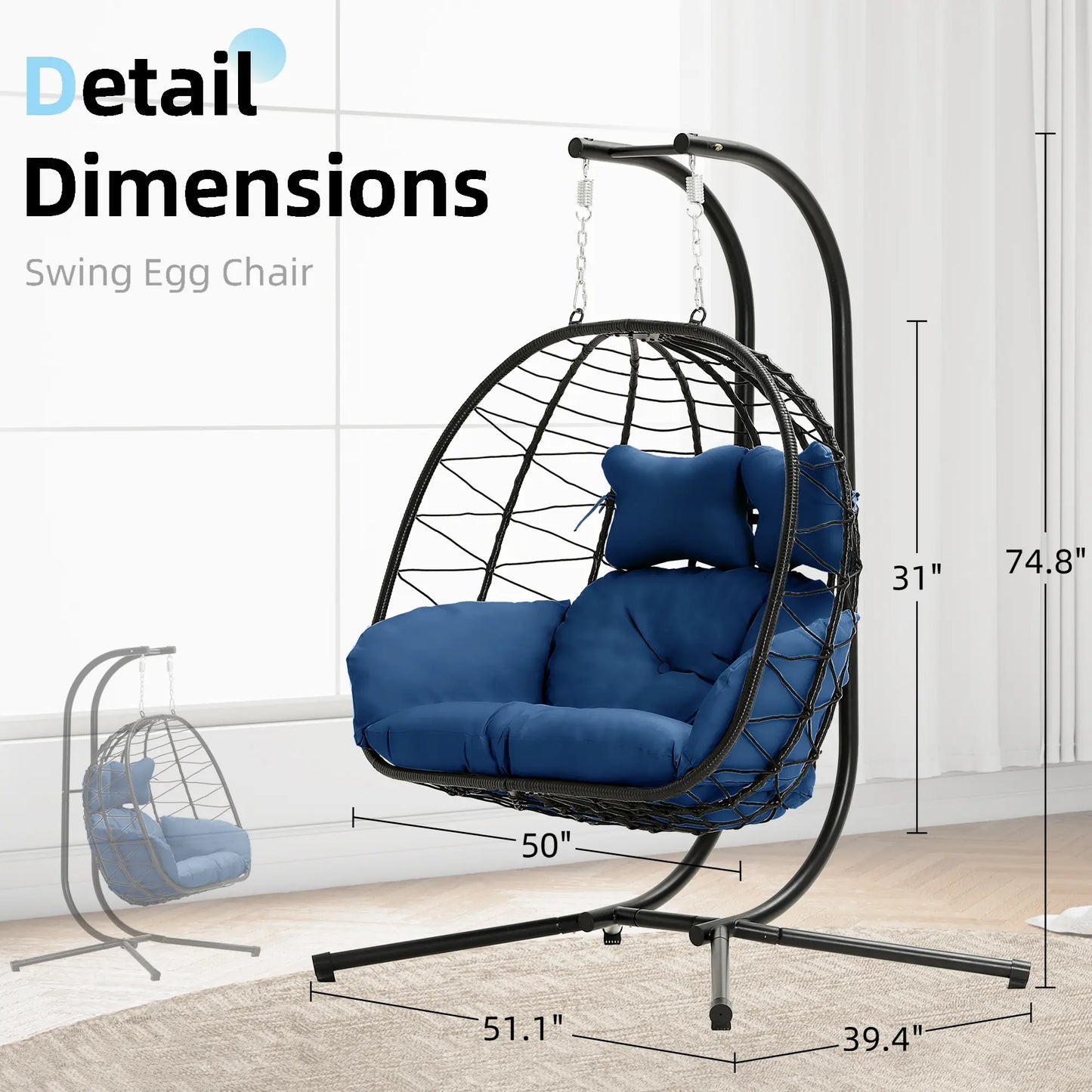 Double Egg Chair 700lbs | Foldable PE Wicker Patio Swing