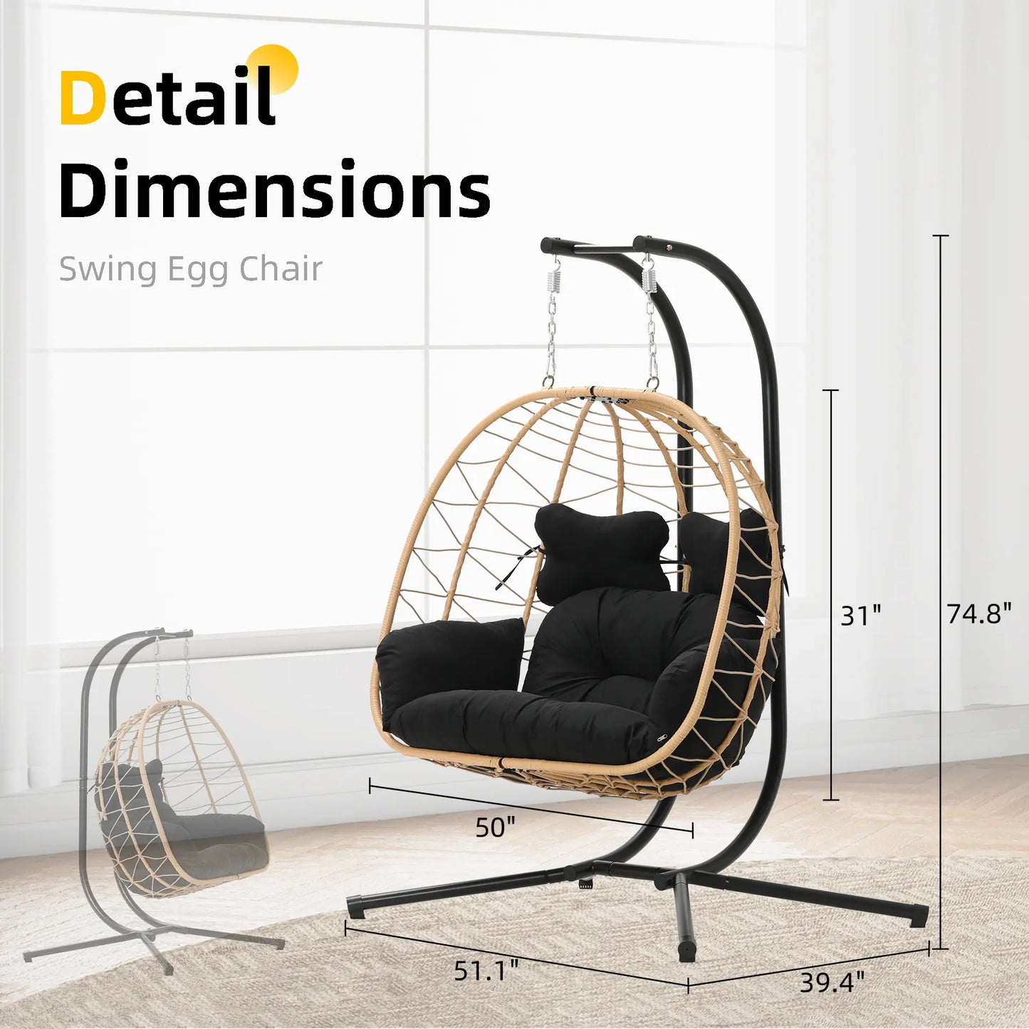 Double Egg Chair 700lbs | Foldable PE Wicker Patio Swing