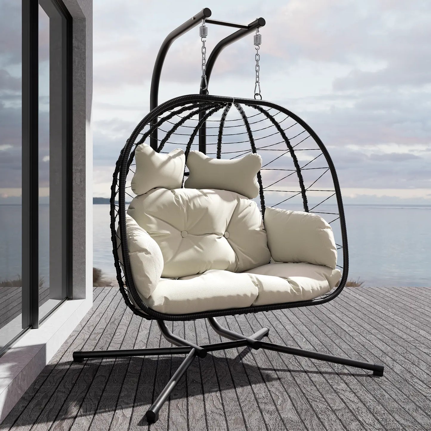 Double Egg Chair 700lbs | Foldable PE Wicker Patio Swing