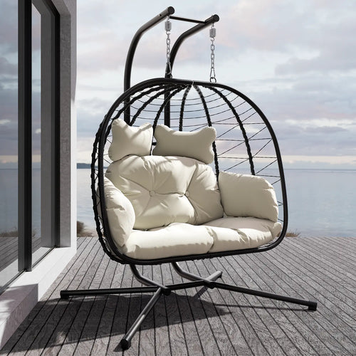 Double Egg Chair 700lbs | Foldable PE Wicker Patio Swing