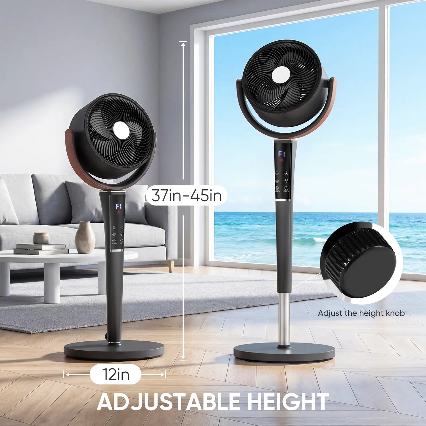 Quiet 20dB DC Pedestal Fan: 15 Speeds, 5 Modes, 120° Oscillation, 1050CFM, 12H Timer, 37-45" Height, LED & Remote
