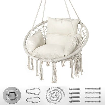 Boho Swing Chair 330lbs | Thick Cushion Cream White Hammock Indoor Outdoor