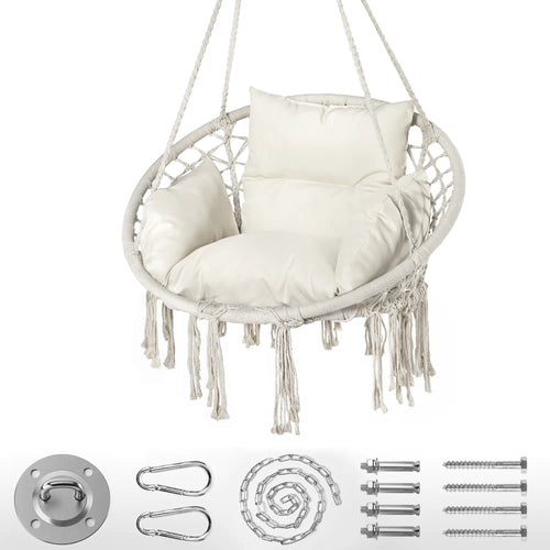 Boho Swing Chair 330lbs | Thick Cushion Cream White Hammock Indoor Outdoor
