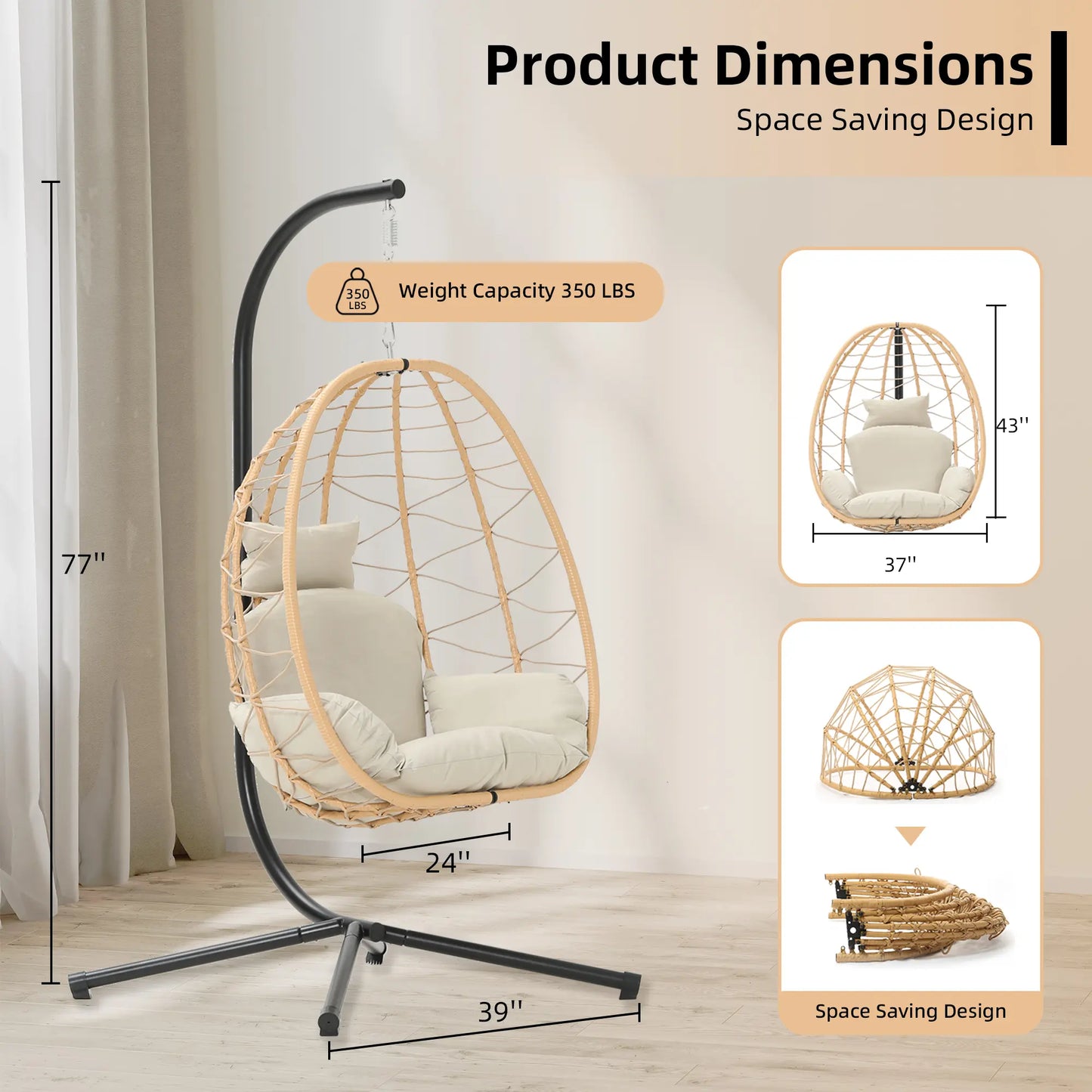 Rattan Egg Chair with Stand 350lbs | Handwoven Cushioned Swing Indoor Outdoor