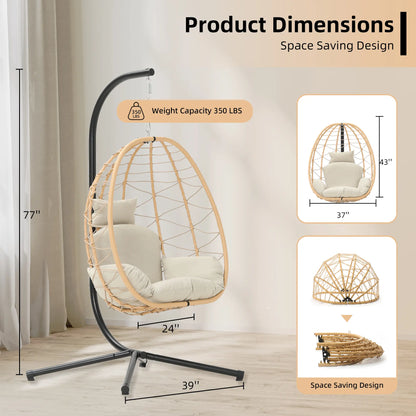 Rattan Egg Chair with Stand 350lbs | Handwoven Cushioned Swing Indoor Outdoor