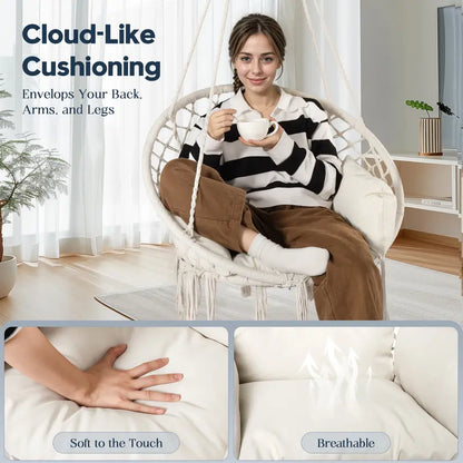 Boho Swing Chair 330lbs | Thick Cushion Cream White Hammock Indoor Outdoor