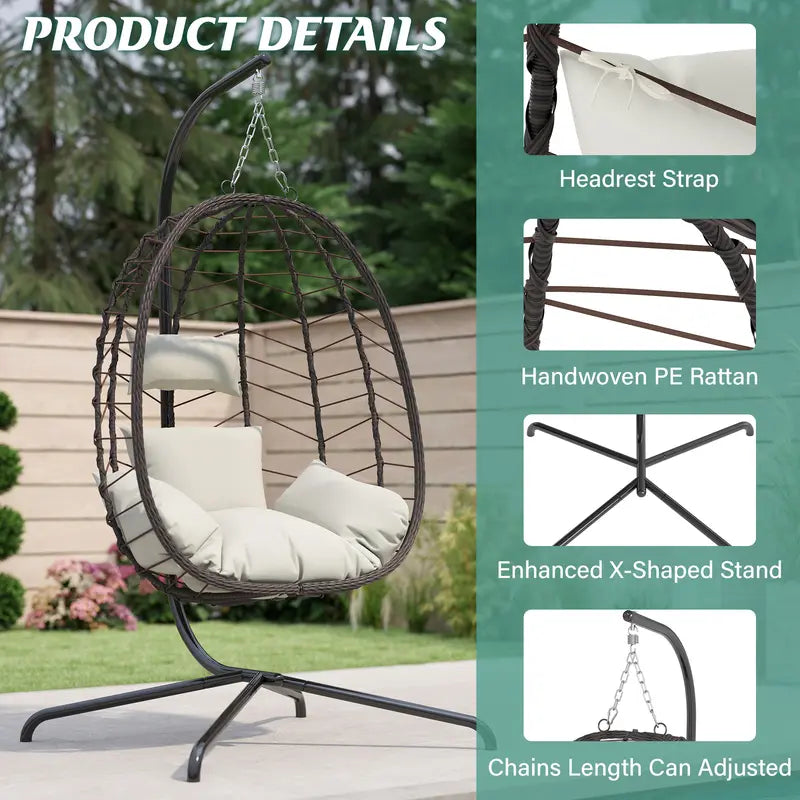 Rattan Egg Chair with Stand 350lbs | Handwoven Cushioned Swing Indoor Outdoor