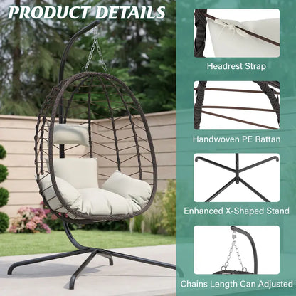 Rattan Egg Chair with Stand 350lbs | Handwoven Cushioned Swing Indoor Outdoor