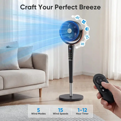 Quiet 20dB DC Pedestal Fan: 15 Speeds, 5 Modes, 120° Oscillation, 1050CFM, 12H Timer, 37-45" Height, LED & Remote