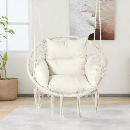 Boho Swing Chair 330lbs | Thick Cushion Cream White Hammock Indoor Outdoor