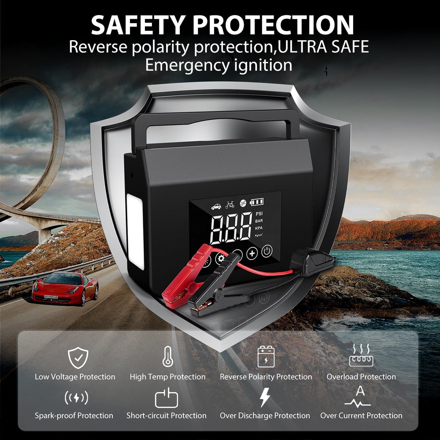 4000A Portable Car Jump Starter with 150PSI Tire Inflator, 12V Battery Booster, 15000mAh Power Bank & LED Light