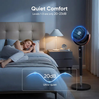 Quiet 20dB DC Pedestal Fan: 15 Speeds, 5 Modes, 120° Oscillation, 1050CFM, 12H Timer, 37-45" Height, LED & Remote