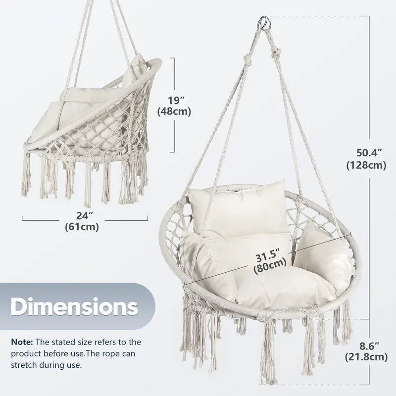 Boho Swing Chair 330lbs | Thick Cushion Cream White Hammock Indoor Outdoor