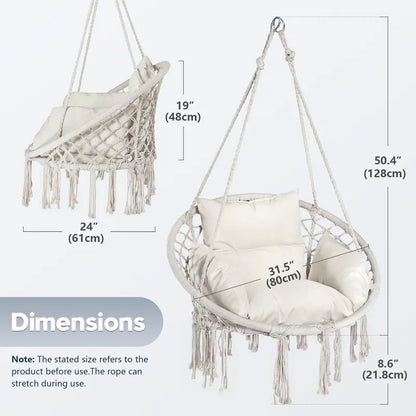 Boho Swing Chair 330lbs | Thick Cushion Cream White Hammock Indoor Outdoor