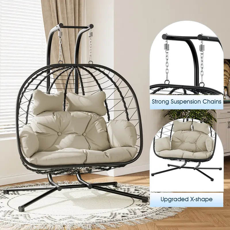Double Egg Chair 700lbs | Foldable PE Wicker Patio Swing