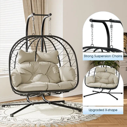 Double Egg Chair 700lbs | Foldable PE Wicker Patio Swing