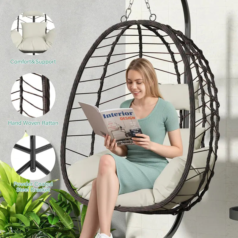 Rattan Egg Chair with Stand 350lbs | Handwoven Cushioned Swing Indoor Outdoor