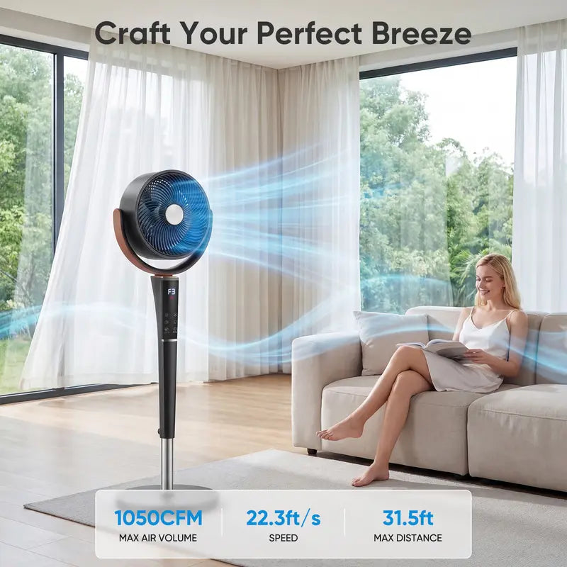 Quiet 20dB DC Pedestal Fan: 15 Speeds, 5 Modes, 120° Oscillation, 1050CFM, 12H Timer, 37-45" Height, LED & Remote