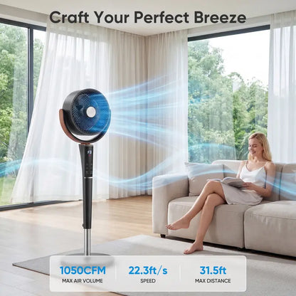 Quiet 20dB DC Pedestal Fan: 15 Speeds, 5 Modes, 120° Oscillation, 1050CFM, 12H Timer, 37-45" Height, LED & Remote