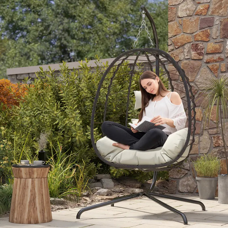Rattan Egg Chair with Stand 350lbs | Handwoven Cushioned Swing Indoor Outdoor