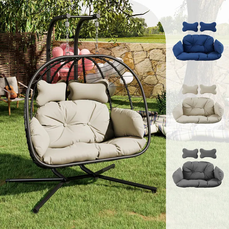 Double Egg Chair 700lbs | Foldable PE Wicker Patio Swing