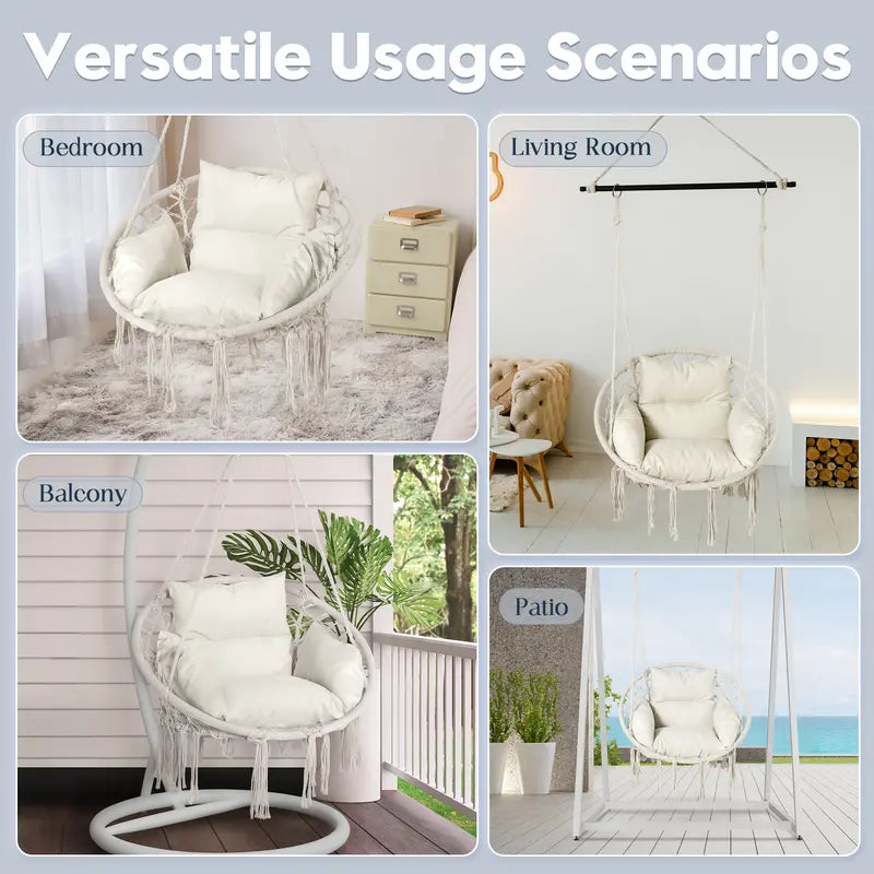 Boho Swing Chair 330lbs | Thick Cushion Cream White Hammock Indoor Outdoor
