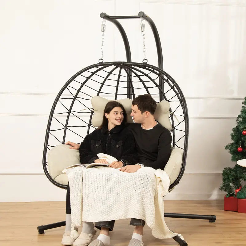 Double Egg Chair 700lbs | Foldable PE Wicker Patio Swing