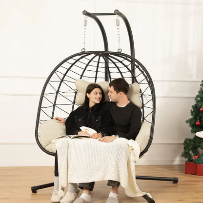 Double Egg Chair 700lbs | Foldable PE Wicker Patio Swing