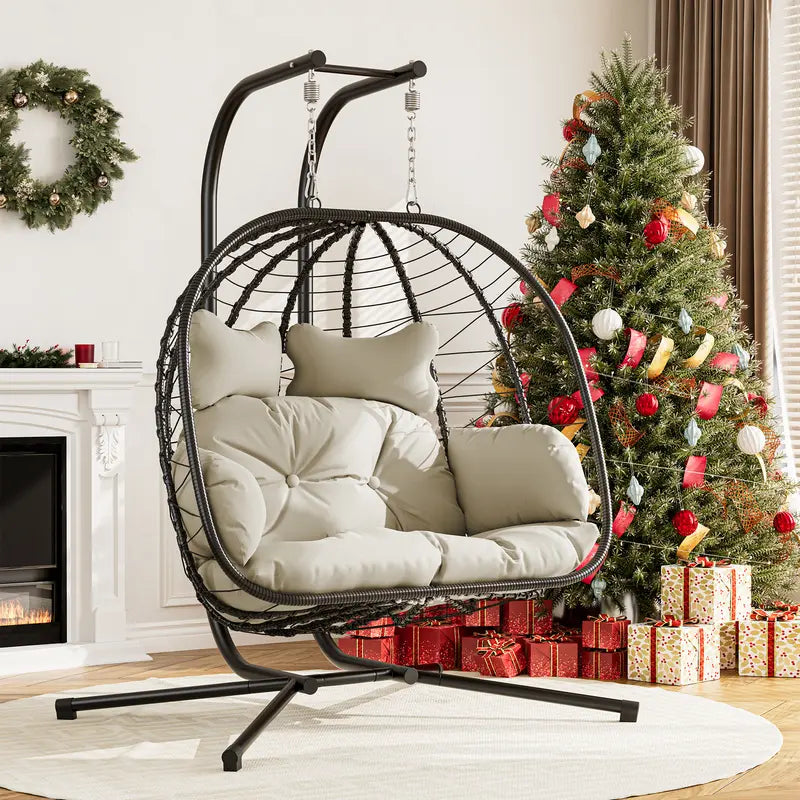 Double Egg Chair 700lbs | Foldable PE Wicker Patio Swing