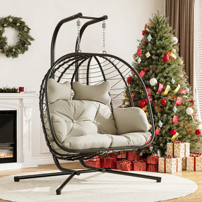 Double Egg Chair 700lbs | Foldable PE Wicker Patio Swing