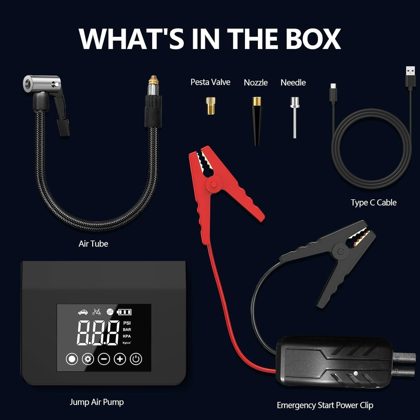 4000A Portable Car Jump Starter with 150PSI Tire Inflator, 12V Battery Booster, 15000mAh Power Bank & LED Light